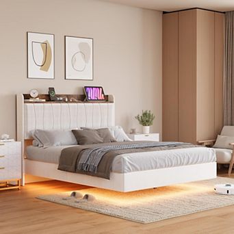 Floating Bed Frame Full with LED Lights & USB Charging Station Modern Upholstered Platform Bed