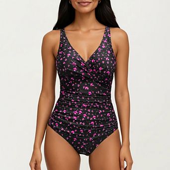 Women's Floral Print One Piece Swimsuit with Surplice V Neckline and Ruched Waist Detail
