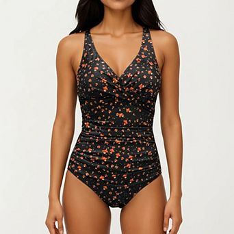 Women's Floral Print One Piece Swimsuit with Surplice V Neckline and Ruched Waist Detail