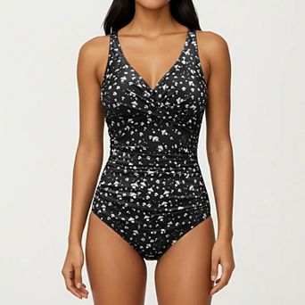 Women's Floral Print One Piece Swimsuit with Surplice V Neckline and Ruched Waist Detail