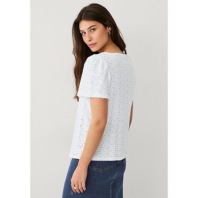 ellos Plus Size Boat Neck Flutter Sleeve Knit Eyelet Tee