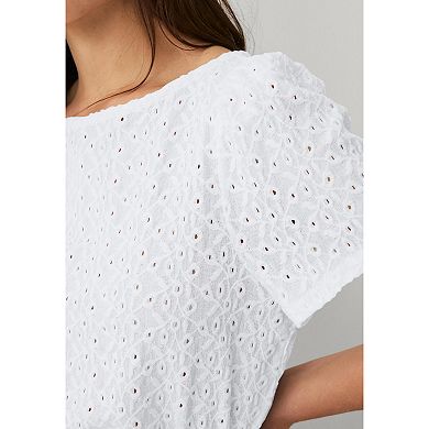 ellos Plus Size Boat Neck Flutter Sleeve Knit Eyelet Tee