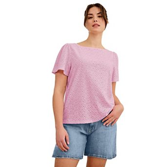 ellos Plus Size Boat Neck Flutter Sleeve Knit Eyelet Tee