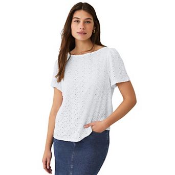 ellos Plus Size Boat Neck Flutter Sleeve Knit Eyelet Tee