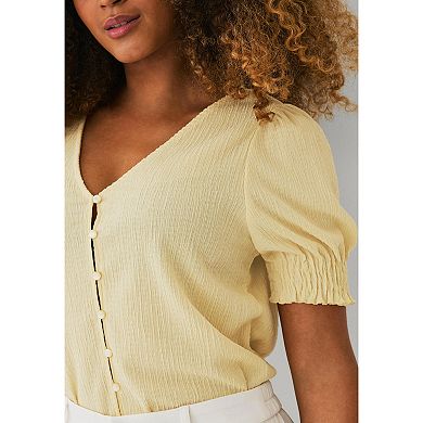 Ellos Plus Size Textured Knit Button Front Top With Sleeves