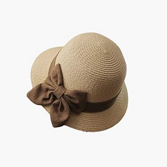 Womens Straw Cloche Sun Hat with Wide Brim and Decorative Bow