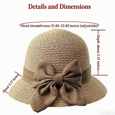 Womens Straw Cloche Sun Hat with Wide Brim and Decorative Bow