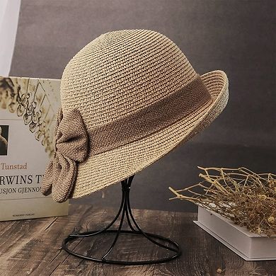 Womens Straw Cloche Sun Hat with Wide Brim and Decorative Bow