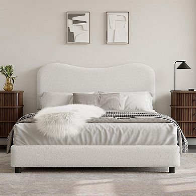 Velvet Upholstered Bed Frame with Boucle Headboard, Soft Rounded Corners Platform Bed with Low