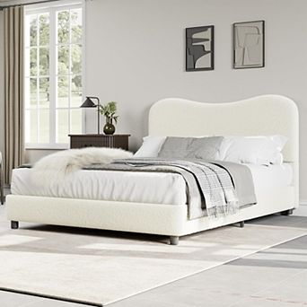Velvet Upholstered Bed Frame with Boucle Headboard, Soft Rounded Corners Platform Bed with Low