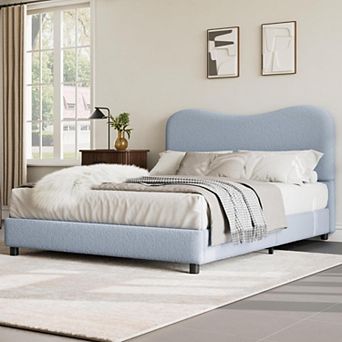 Velvet Upholstered Bed Frame with Boucle Headboard, Soft Rounded Corners Platform Bed with Low