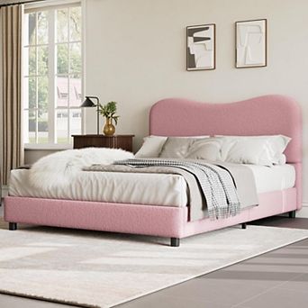 Velvet Upholstered Bed Frame with Boucle Headboard, Soft Rounded Corners Platform Bed with Low