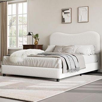 Velvet Upholstered Bed Frame with Boucle Headboard, Soft Rounded Corners Platform Bed with Low