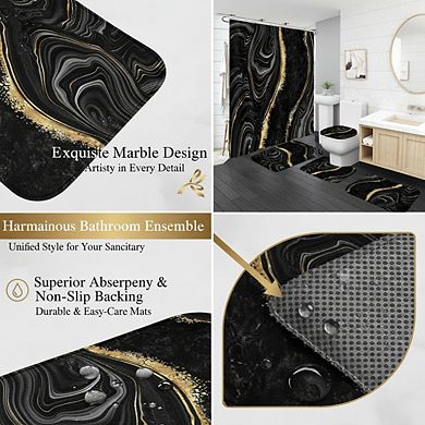4-Pc Black Marble Bathroom Set with Gold Accents, Modern Abstract Decor