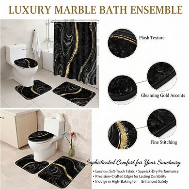 4-Pc Black Marble Bathroom Set with Gold Accents, Modern Abstract Decor