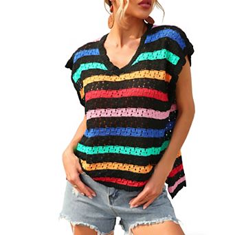 Womens Rainbow Stripe V Neck Crochet Hollow Out Knit Beach Cover Up Summer Casual Sleeveless Sun Top