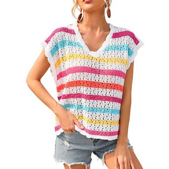Womens Rainbow Stripe V Neck Crochet Hollow Out Knit Beach Cover Up Summer Casual Sleeveless Sun Top
