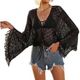 Womens V Neck Tie Front Long Bell Sleeve Crochet Knit Hollow Out Beach Vacation Cover Up Tops