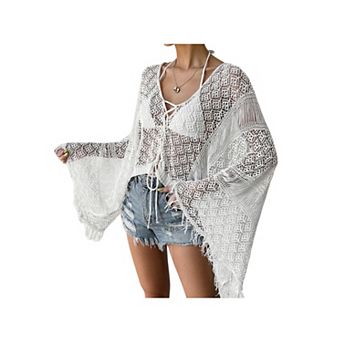Womens V Neck Tie Front Long Bell Sleeve Crochet Knit Hollow Out Beach Vacation Cover Up Tops
