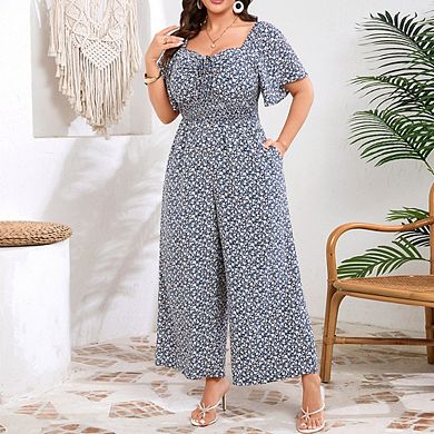 Women's Plus Size Jumpsuit Tie Front Smocked Waist Wide Leg Short Sleeve Casual Summer Romper