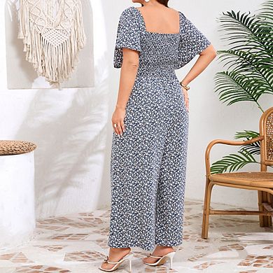 Women's Plus Size Jumpsuit Tie Front Smocked Waist Wide Leg Short Sleeve Casual Summer Romper