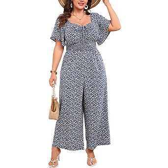 Women's Plus Size Jumpsuit Tie Front Smocked Waist Wide Leg Short Sleeve Casual Summer Romper