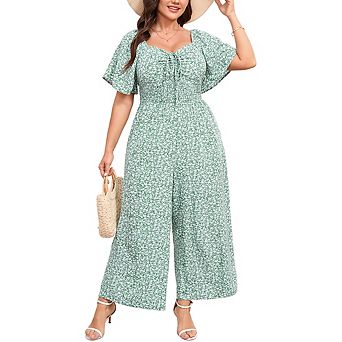 Women's Plus Size Jumpsuit Tie Front Smocked Waist Wide Leg Short Sleeve Casual Summer Romper