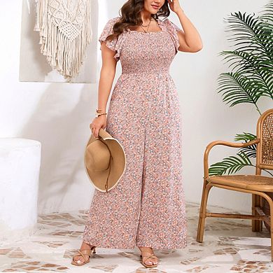 Women's Plus Size Floral Print Jumpsuit Square Neck Smocked Short Flutter Sleeve Casual Jumpsuit