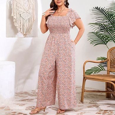 Women's Plus Size Floral Print Jumpsuit Square Neck Smocked Short Flutter Sleeve Casual Jumpsuit