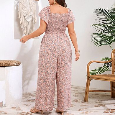 Women's Plus Size Floral Print Jumpsuit Square Neck Smocked Short Flutter Sleeve Casual Jumpsuit