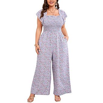 Women's Plus Size Floral Print Jumpsuit Square Neck Smocked Short Flutter Sleeve Casual Jumpsuit