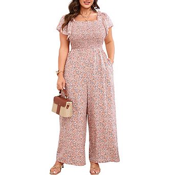 Women's Plus Size Floral Print Jumpsuit Square Neck Smocked Short Flutter Sleeve Casual Jumpsuit