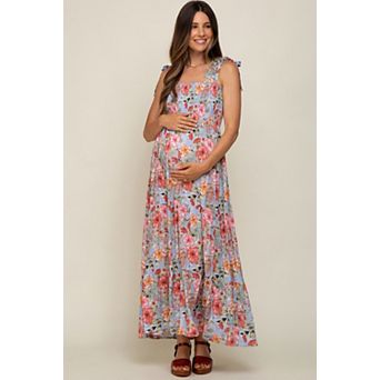 Maternity Blue Floral Smocked Shoulder Tie Tiered Maxi Dress