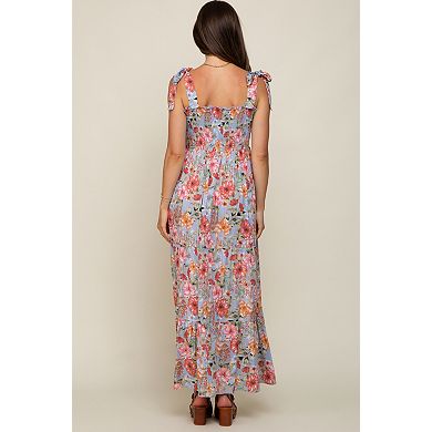 Maternity Blue Floral Smocked Shoulder Tie Tiered Maxi Dress