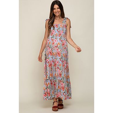 Maternity Blue Floral Smocked Shoulder Tie Tiered Maxi Dress