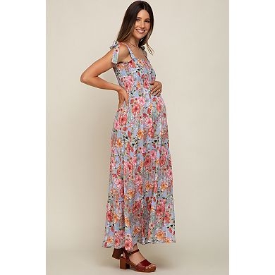 Maternity Blue Floral Smocked Shoulder Tie Tiered Maxi Dress