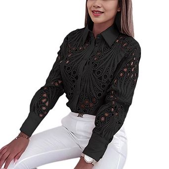Women's Long Sleeve Shirts Button Down Dressy Casual Blouses Collared Embroidery Hollow Out Tops