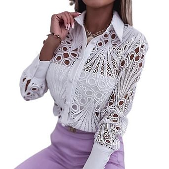 Women's Long Sleeve Shirts Button Down Dressy Casual Blouses Collared Embroidery Hollow Out Tops