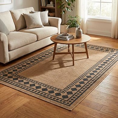 Modern Border Area Rug Non Slip Foldable Low Pile Ultra Thin Pet Friendly Floor Cover for Bedroom