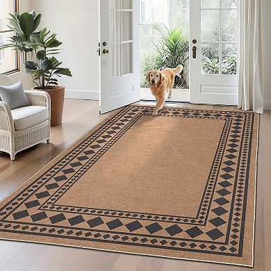 Modern Border Area Rug Non Slip Foldable Low Pile Ultra Thin Pet Friendly Floor Cover for Bedroom
