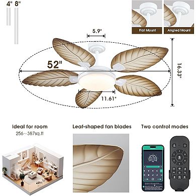 52 Inch Tropical Ceiling Fan with LED Light, Coastal Palm Leaf Design, DC Motor App & Remote Control