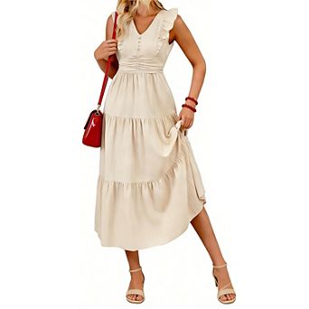 Women's Sleeveless Ruffle Maxi Dress V-Neck Tiered Smocked Flowy Casual Summer Dress