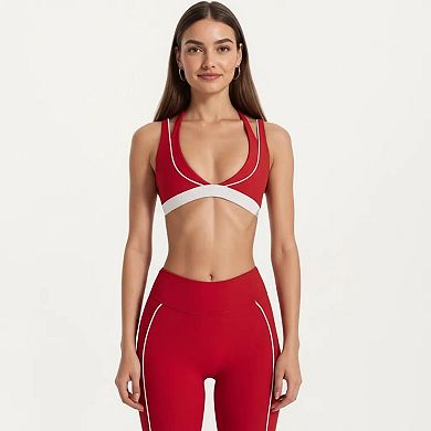 Women's Halter Sports Bra with Contrast Trim Stretch Support Athletic Workout Bra for Yoga Training