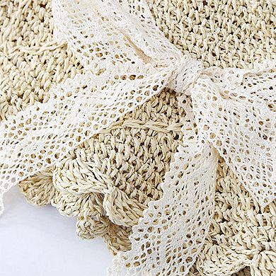 Womens Wide Brim Crochet Straw Sun Hat with Lace Bow Adjustable Fit