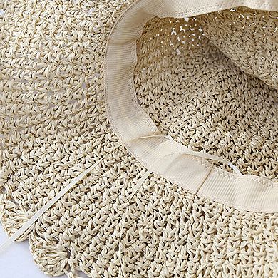 Womens Wide Brim Crochet Straw Sun Hat with Lace Bow Adjustable Fit