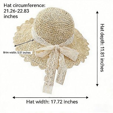 Womens Wide Brim Crochet Straw Sun Hat with Lace Bow Adjustable Fit