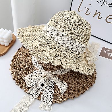 Womens Wide Brim Crochet Straw Sun Hat with Lace Bow Adjustable Fit