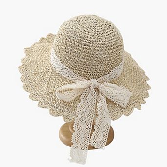 Womens Wide Brim Crochet Straw Sun Hat with Lace Bow Adjustable Fit