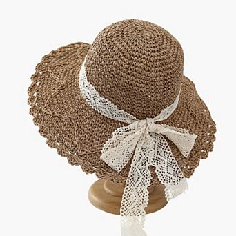 Womens Wide Brim Crochet Straw Sun Hat with Lace Bow Adjustable Fit