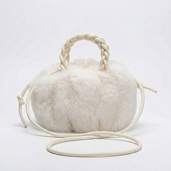 Women's Faux Fur Top Handle Bag with Braided Strap Detail Adjustable Crossbody Cord
